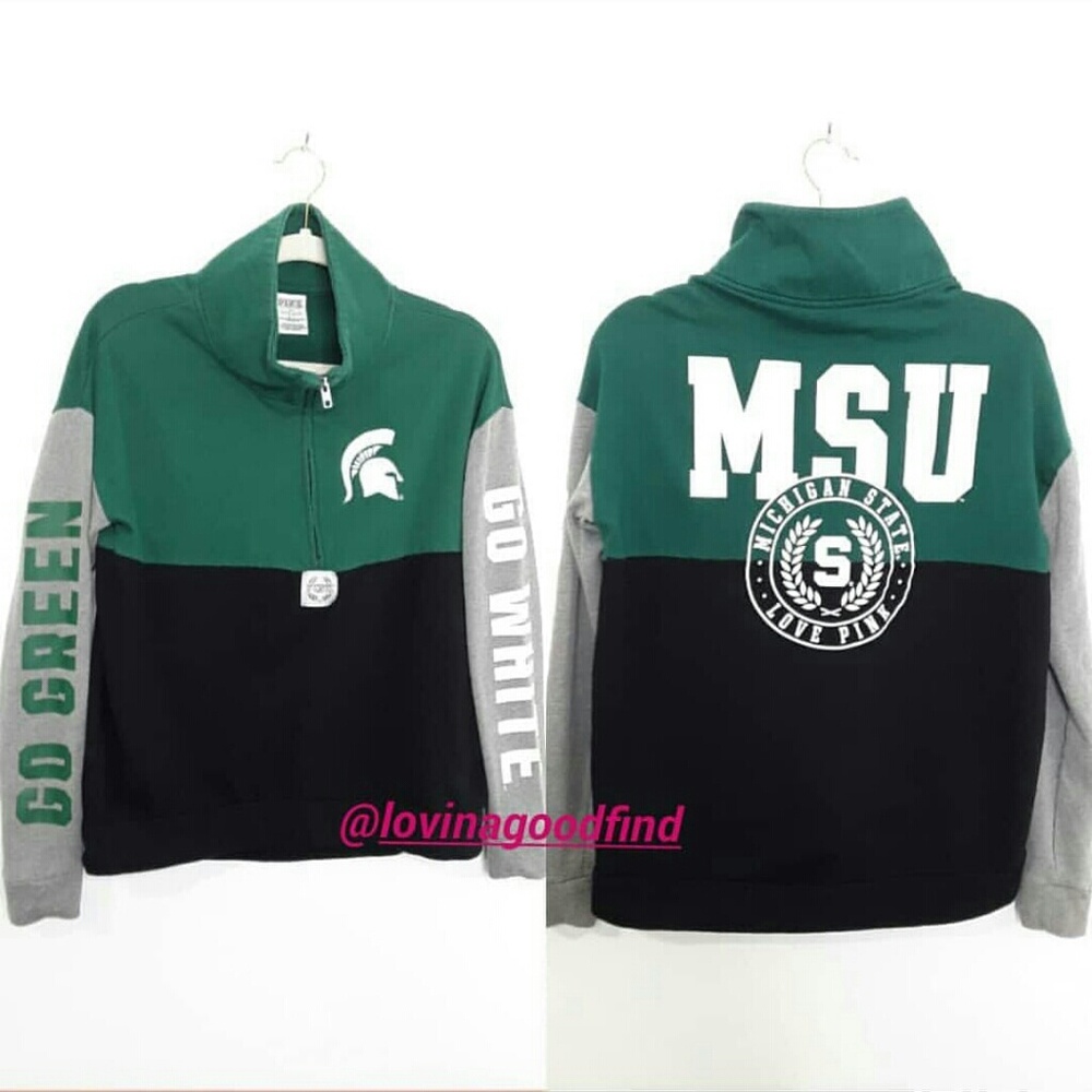 PINK MSU 1/4 Zip Green & Black Sweatshirt EUC sz S